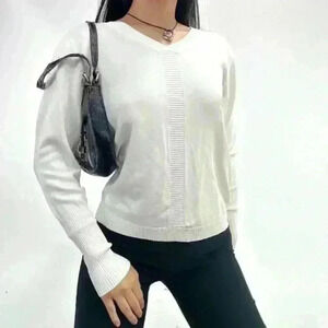 White ribbed long sleeve knit top